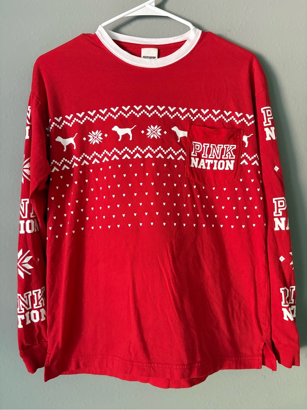 Victoria's Secret PINK Nation XS Red Fair Isle Holiday Long Sleeve Pocket Tee